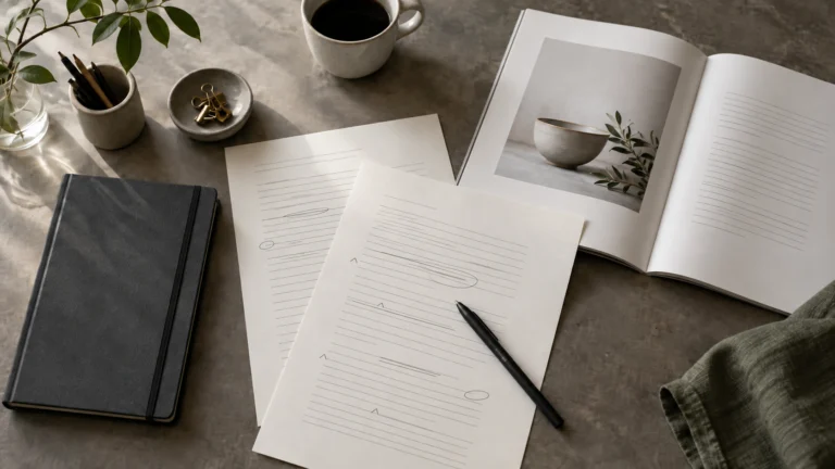 Editorial proofs and a finished publication arranged on a writing desk.