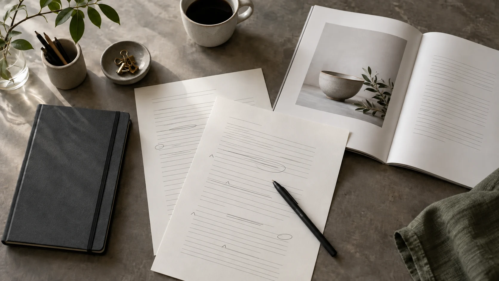Editorial proofs and a finished publication arranged on a writing desk.