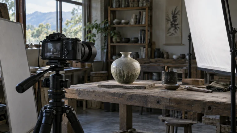A camera and lighting setup framing a ceramic product in a workshop.