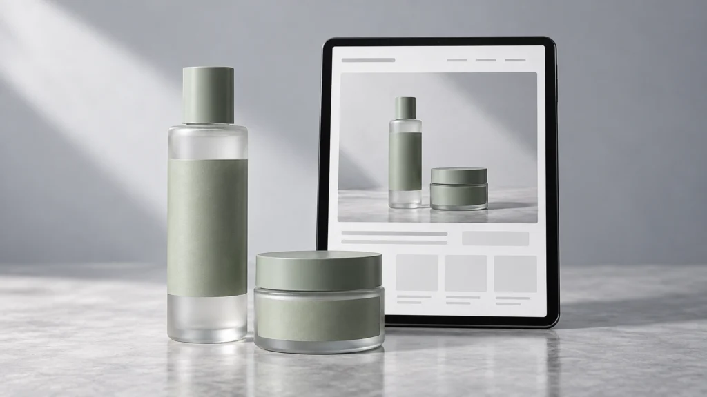 Skincare packaging beside a conceptual website presentation.