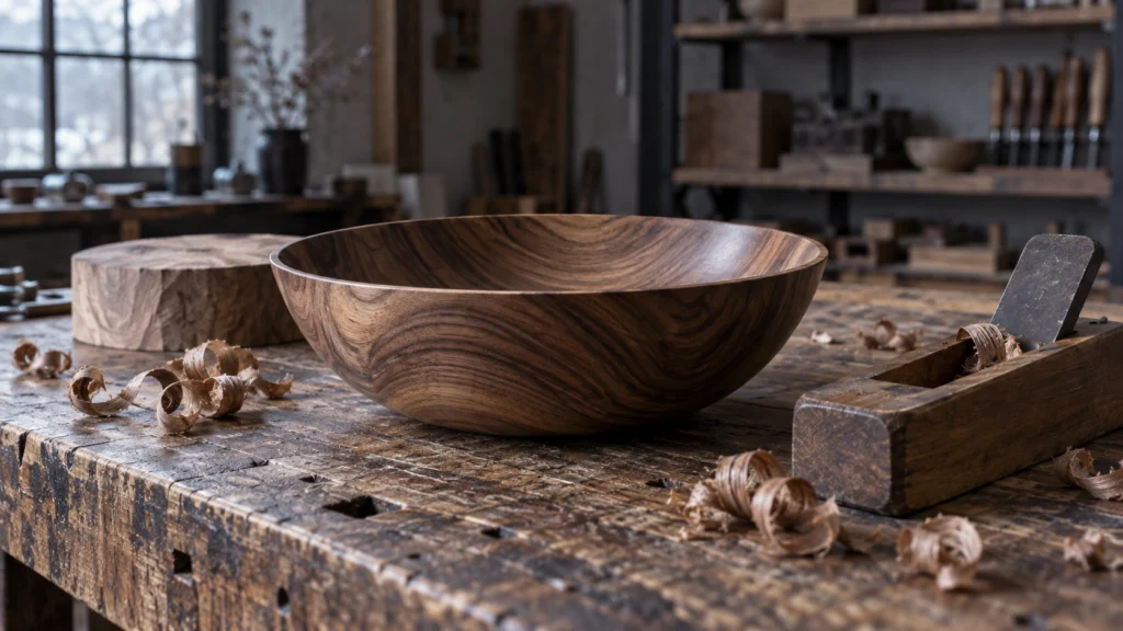 A finished wooden bowl with its tools and wood shavings.