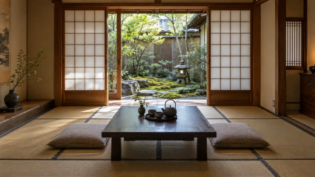 A Japanese inn room opening onto a quiet garden.