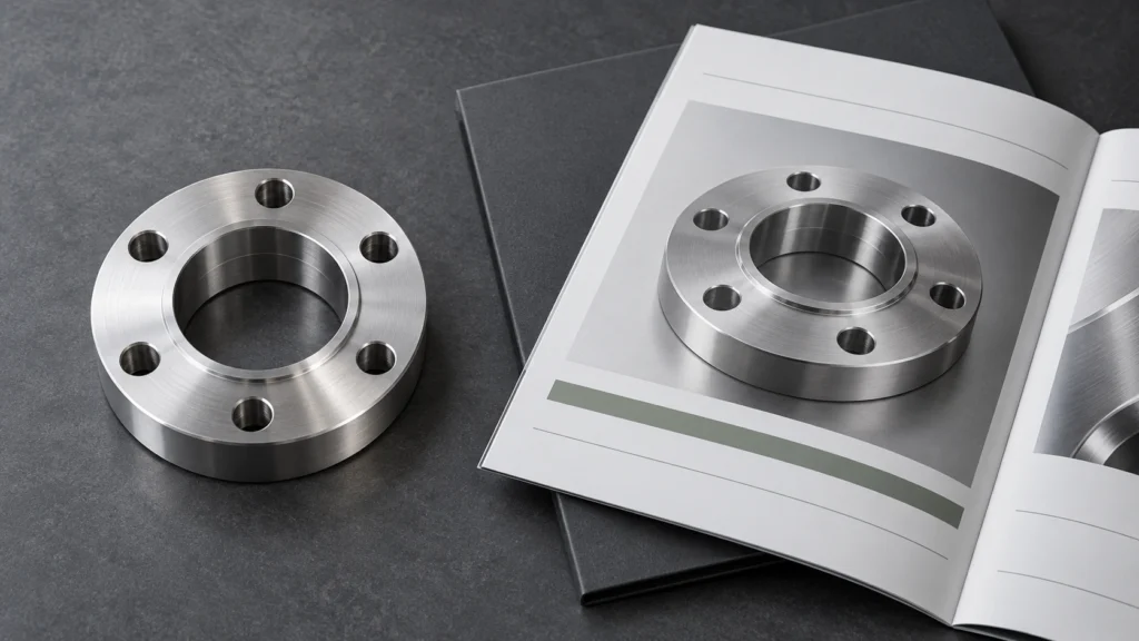 A machined component and photographic export brochure.