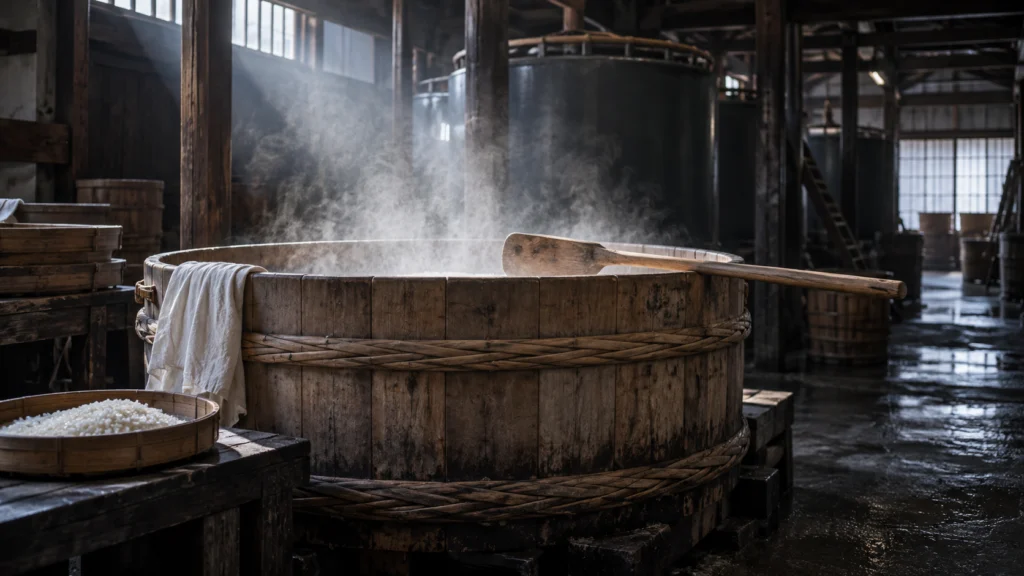 Steam and wooden tools in a traditional sake brewery.
