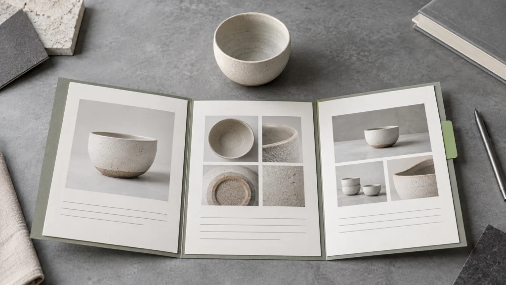A product sample and carefully organized presentation materials.