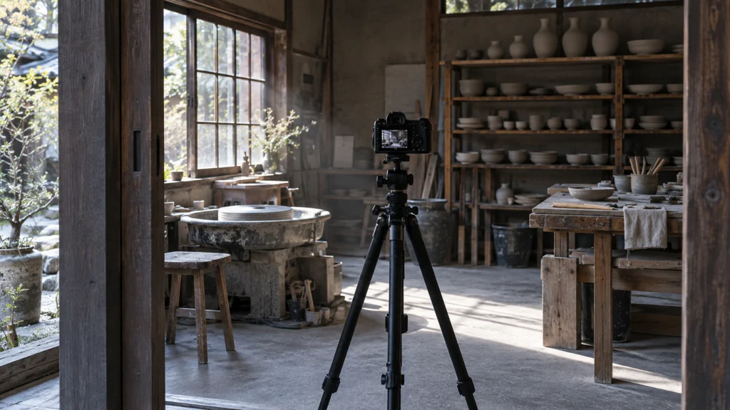A camera framing a working craft space in natural light.