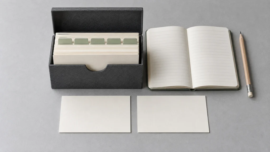 An orderly set of indexed cards and a reference notebook.